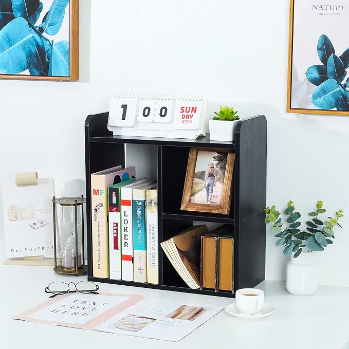 Desktop Shelf Freestanding Wood Small Bookshelf Desk Supplies Organizers and Accessories Storage Display Rack Office Decor for Women, Black - Image 2