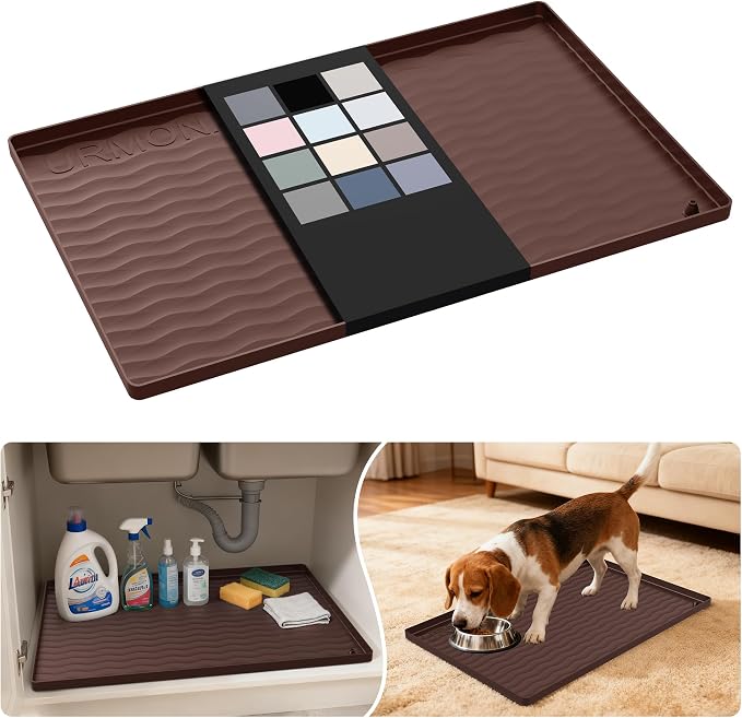 URMONA Waterproof Silicone Under Sink Mat 22'' x 14'' Shelf Liner for Kitchen and Bathroom, Cabinet and Counter Protector, Storage and Organizers, Litter Mat, Pet Cat Puppy Essentials(Brown ) by URMONA