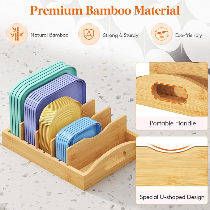 Lifewit Bamboo Lid Organizers for Inside Cabinet with 5 Sections | Food Container Lid Holder with 4 Adjustable Inserts, Kitchen Pantry organizer and storage, 10.6" X 8.3", Natural - Image 7