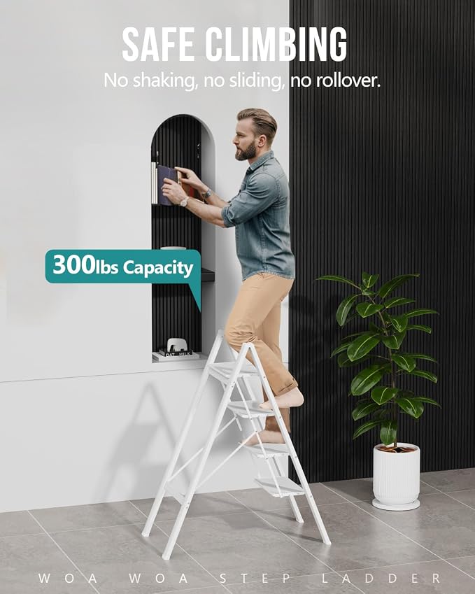4 Step Ladder, Foldable Step Stool, 300lbs Load, White | Folded 43''H x 2''T; Net 9.9 lbs; Rigid Aluminum Steps; No Assembly; For Home, Kitchen, Office, Pantry, Closets, Cabinets - Image 3