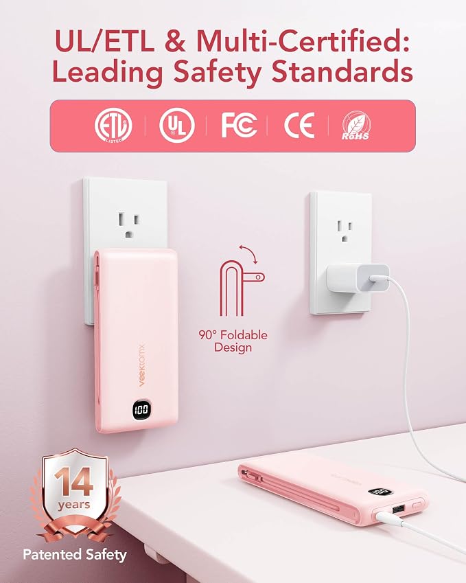 Portable Charger Power Bank Built in Cables and Wall Plug, 10000mAh iPhone Battery Pack Fast Charging, USB C External Slim Power Bank, Travel Essentials Compatible with iPhone 16 15 14 13 iPad, Pink - Image 5