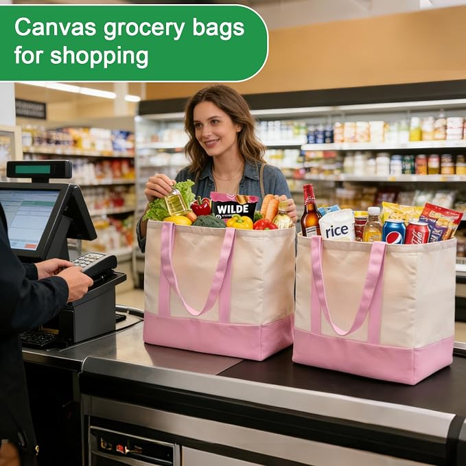 3-Pack Heavy Duty Canvas Reusable Grocery Bags, 8.3 Gal Foldable Large Tote with Handles, Washable Eco-friendly Bags with 5 Pockets, (Pink/Beige) - Image 2