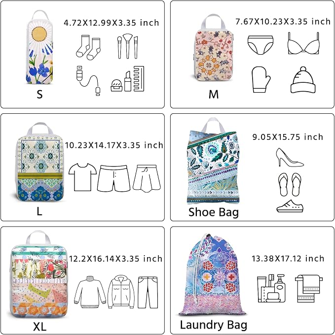 6 Pcs Compression Packing Cubes Waterproof Suitcase Travel Bag Luggage Backpack Organizer Travel Cubes for Packing-Pink and Green Bohemian - Image 6