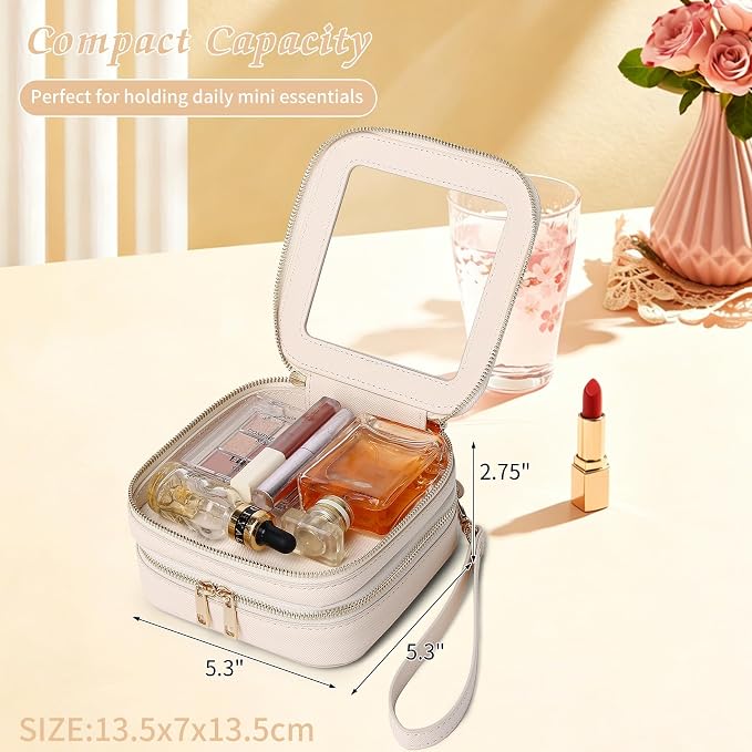 Pinkmik Double Layer Makeup Bag (Beige, 2-Layer MINI) | Small Clear Makeup Pouch, Mini Travel Cosmetic & Toiletry Bag, Purse Organizer, Car Essentials for Women - Image 4