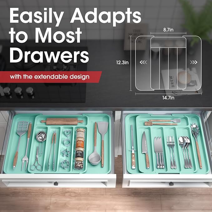 Aujen Silverware Drawer Organizer, Adjustable Utensil Cutlery Tray | Expandable Kitchen Organizer for Forks Knives, Multipurpose Kitchen Storage, Apartment Essentials, Green, Medium - Image 2
