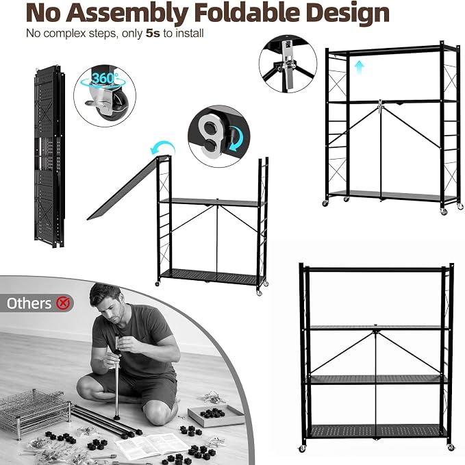39.4" Wide 4-Tier Foldable Storage Shelves with Wheels & 20 Hooks | Heavy Duty Metal Folding Shelf Unit, No Assembly, Adjustable 3rd Shelf for Kitchen, Garage, Pantry, Bookshelf, Black - Image 6