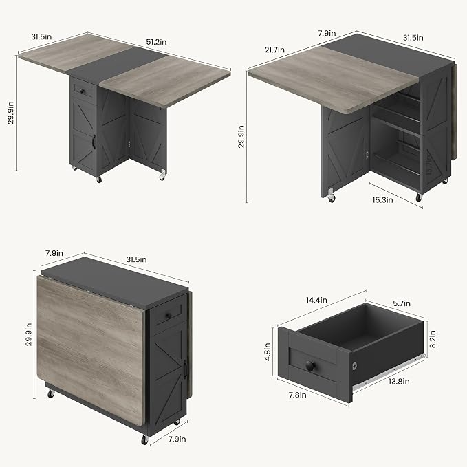 Folding Dining Table for Small Spaces with Storage, Drop Leaf Kitchen Table | 3-in-1 Foldable Dining Table with Drawer & Shelves, Converts to Desk or Console for Apartment Living - Image 2