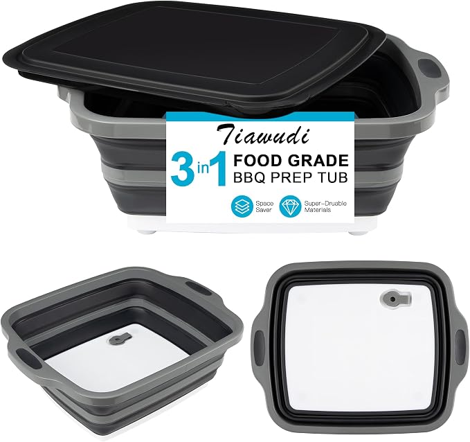 Collapsible Cutting Board with Container, Foldable Camping Sink with Colander, BBQ Prep Tub with Lid, Multifunction Dish Basin for Kitchen, Bowl, Vegetable and Fruit, 2.11 Gal/8L Storage Basket by Tiawudi