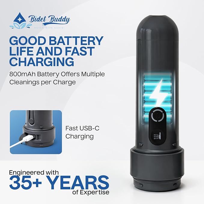 BIDET BUDDY® GoFlow Portable Bidet for Travel - 180mL Bottle Obsidian Drift | Two Power Modes, 180 Degree Nozzle Wand, IPX6 Waterproof, USB - C Charging, 800mAh Rechargeable Battery, Medium Pressure - Image 8