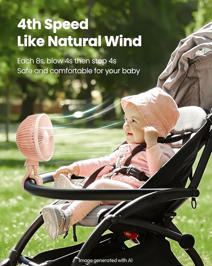 Gaiatop Oscillating Baby Stroller Fan with LED Lights, Rechargeable Pink | 4-Speed Quiet Cooling, 4.6 In, Battery Operated, 360° Rotate Clip On Small Portable Fans for Car Seat Crib Treadmill Travel - Image 5