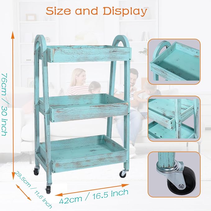3-Tier Rolling Utility Cart with Lockable Wheels Storage Slim Storage Heavy Duty Cart Mobile Shelving Unit Craft Narrow Organizer for Bathroom Laundry Kitchen (Vintage Blue) - Image 3