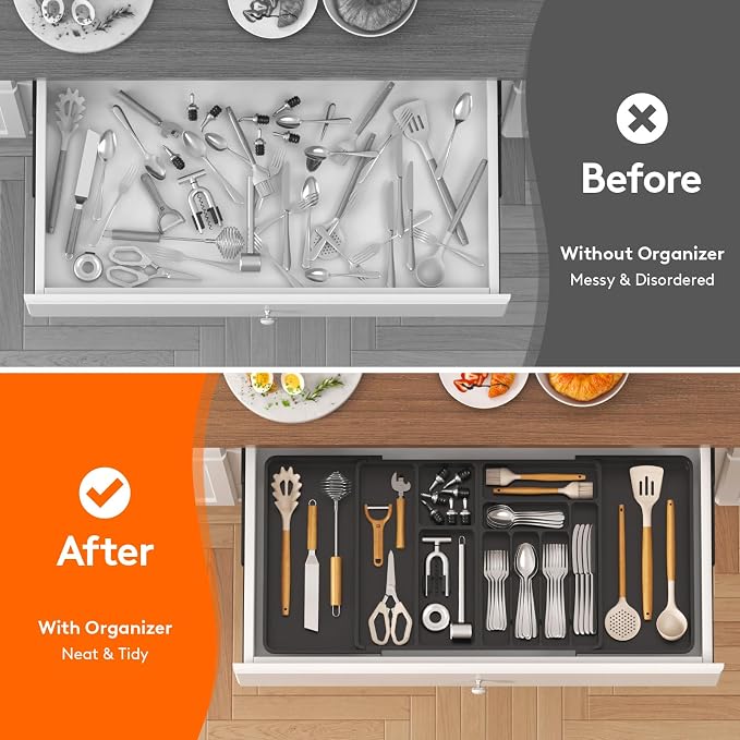Lifewit Utensil Organizer for Kitchen Drawer, Expandable Cooking Tray | Adjustable Cutlery Flatware Holder, Plastic Silverware Spatula Tools Storage Divider, 21.3- 36 x 16.9", Black - Image 7