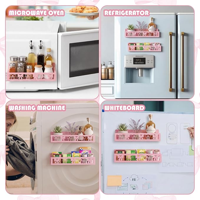 Beeveer 2 Pcs Magnetic Spice Rack for Refrigerator, Pink Bow | Magnetic, No Drilling, Pink Bow Kitchen Decor, Pink Home Accessories, 2 Sizes Metal Storage Shelf for Fridge Spices - Image 7