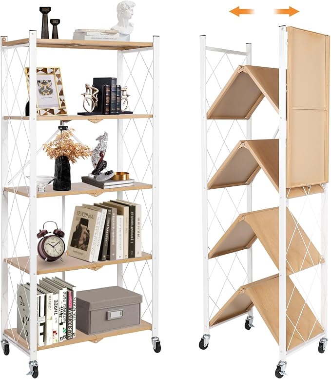 5-Tier Foldable Storage Shelves with Wheels Wood Grain Transfer | Portable Structure, Suitable For Kitchen, Bedroom, Living Room, Bathroom, Garage, 59*26*13in by YUANJIMI