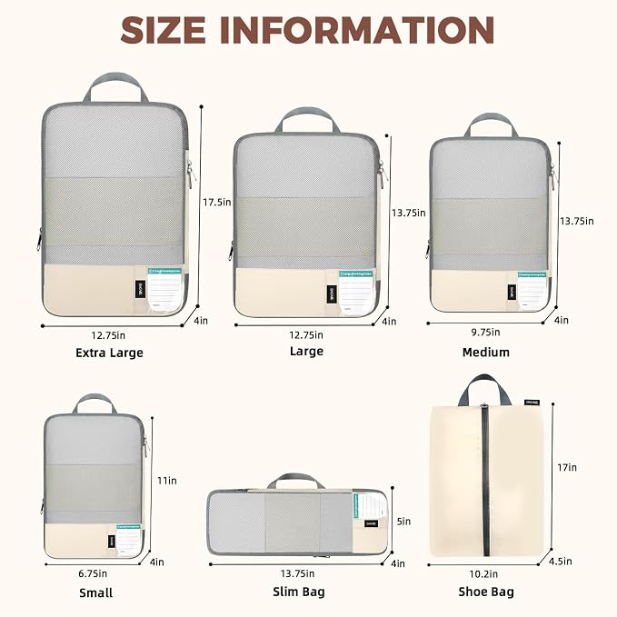 BAGAIL Lightweight Compression Packing Cubes for Travel, 6 Set, Beige | Salis Nylon Fabric,Anti-Tearing,Save Space,SBS Zippers,Packing List,PVC Tag Pocket,Custom Labels,Visible Mesh,Portable Handel - Image 5