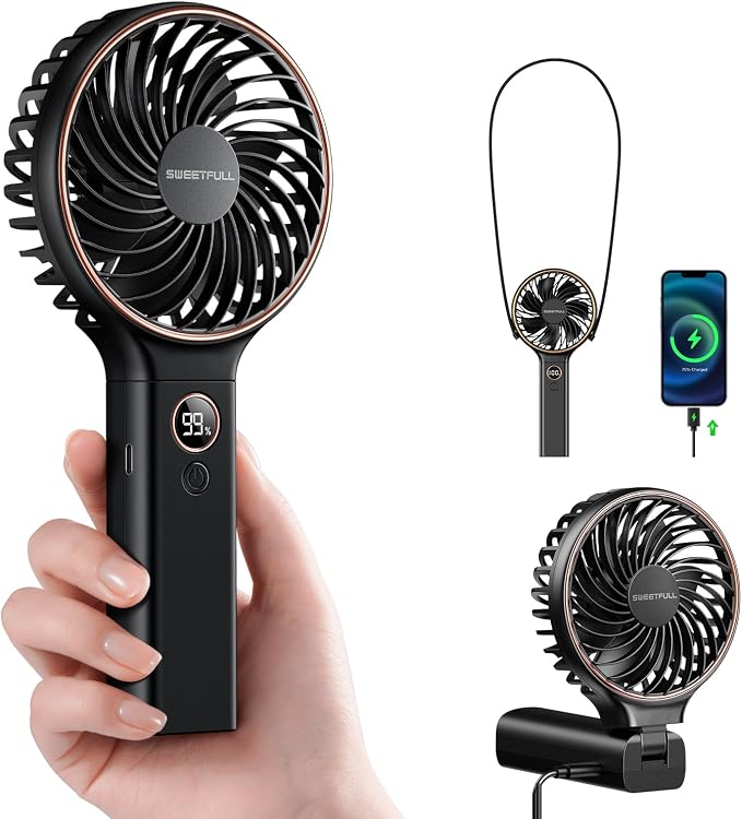 SWEETFULL Handheld Portable Fan, 5000mAh Rechargeable Battery, 6 Speed Wind, LED Digital Display, Foldable Electric Personal Mini Travel Fan with Backup Power, Summer Essentials Gifts for Women Girl by SWEETFULL