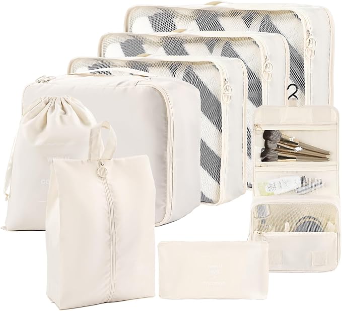 Packing Cubes for Travel, 8 Set Luggage Organizer Bags Travel Cubes for Packing Compression Luggage Cubes for Suitcase Carry on Travel Essentials with Laundry & Toiletry Bag(beige) by Greenfeather