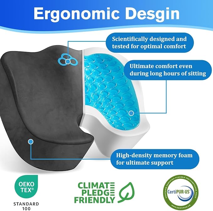 CushyOasis Seat Cushion, Gel Memory Foam Office Chair Cushions, (Grey) | Anti-Slip Back & Removable Cover, Ergonomic Tailbone Support Seat Cushion, Memory Foam Seat Cushion for Office - Image 2