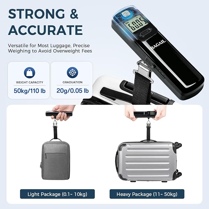 BAGAIL Digital Luggage Scale, 110lbs Hanging Baggage Scale with Backlit LCD Display, Portable Suitcase Weighing Scale, Travel Luggage Weight Scale with Hook, Strong Straps for Travelers - Image 5