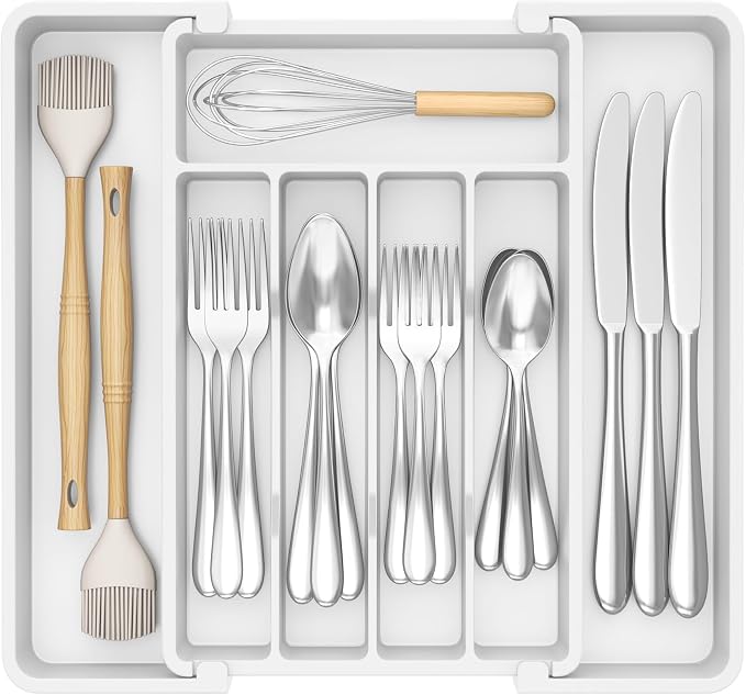 Lifewit Expandable Silverware Drawer Organizer, Kitchen Utensil Tray | BPA-free Plastic Flatware Cutlery Holder, Space-Saving Storage for Spoons Forks Knives, 8.5-14 x 12 x 1.5“, White by Lifewit