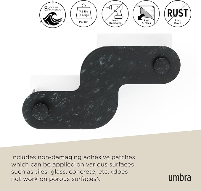 Umbra Nami Shower Caddy, Adhesive No Drill Bathroom, Set of 2, Ocean Black | Waterproof construction, integrated drainage, rust-free, holds 6 lbs - Image 6