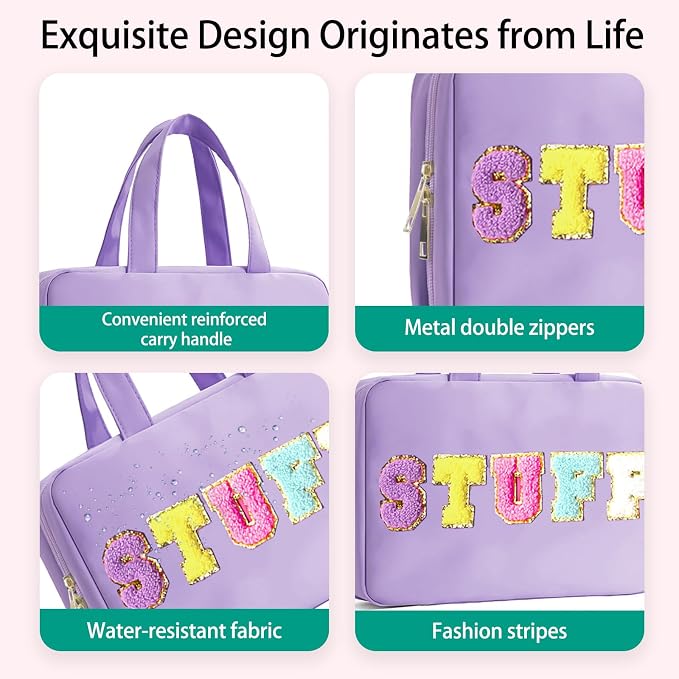 Toiletry Bag for Women Chenille Letter Makeup Bag Water-resistant Cosmetic Bag Travel Bag with Hanging Hook Preppy for Store Toiletries Cosmetic Accessories Medium Purple - Image 2