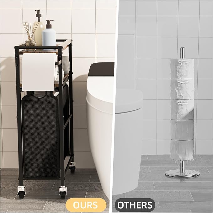 Toilet Paper Holder with Storage Bag & Wheels - Freestanding Bathroom Organizer Holds 9 Rolls for Small Spaces, Essentials Storage Beside Toilet-Brown - Image 5