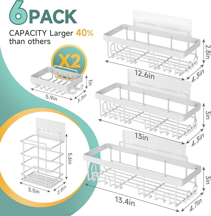 Veken 6-Pack Rustproof&Waterproof Shower Caddy, Adhesive Shelves Rack with Soap Holder, Large Bathroom & Washroom Organizer, No Drilling Wall-Mounted Kitchen&Home Decor,Ideal for Bathtub Storage,White - Image 6