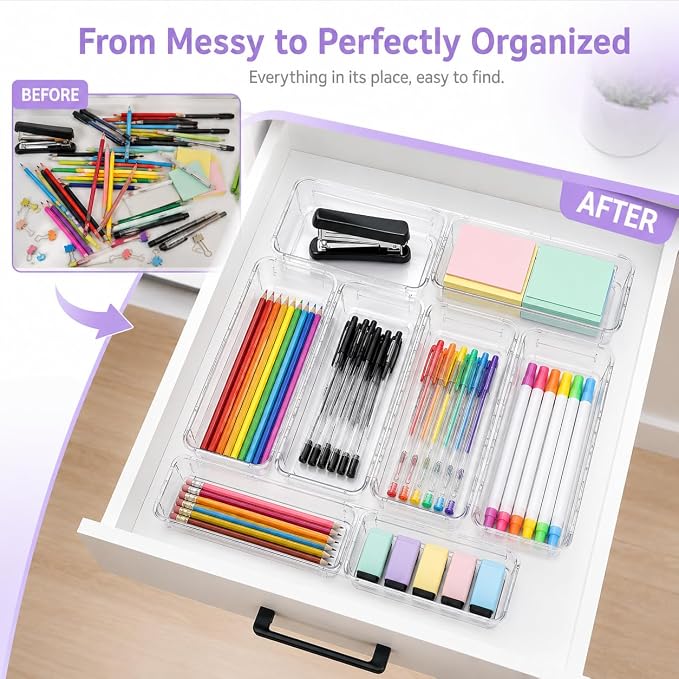 Clear Expandable Drawer Organizer Set, 16PCS Adjustable Drawer Organizers for Makeup, Cosmetics, Jewelry, Skincare, Bathroom, Kitchen & Dresser Storage, Transparent PET Drawer Storage Bins, 2 Sizes - Image 4