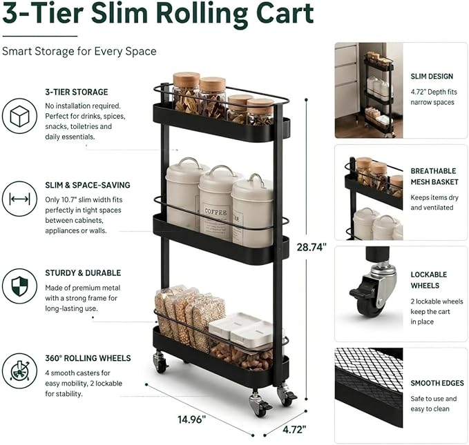 Narrow 3 Tier Rolling Cart, Slim Storage Cart for Bathroom Kitchen | 3 spacious tiers, durable carbon steel frame and smooth swivel wheels provide flexible storage and easy mobility. - Image 4