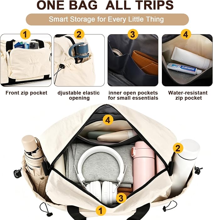 Foldable Travel Bag for Women, Expandable 28L-40L Lightweight Personal Item Carry On Bag, Packable Duffel Bag, Weekender Overnight Travel Tote, Collapsible Luggage Bag, Cream White - Image 4