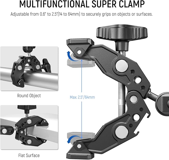 NEEWER Super Clamp with 3" Dual Ballhead Magic Arm, Cold Shoe, 1/4" Threads, Phone/Action Camera Mount Adapter for Desk Tripod Tube Crossbar Gimbal Rods Compatible with SmallRig GoPro DJI, ST83 - Image 3