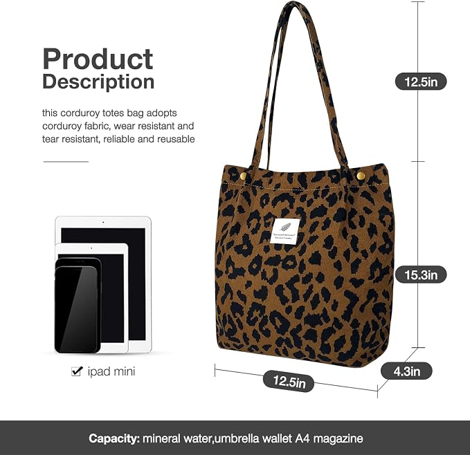 LHMTQVK Corduroy Tote Bags for Women, Large Capacity Tote Purse Reusable Grocery Shoulder Bag with Inner Pockets - Image 3