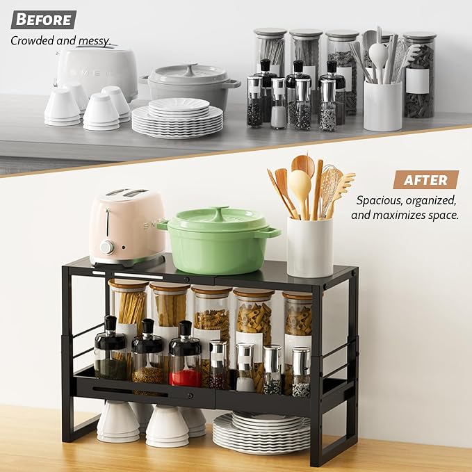 Adjustable Kitchen Countertop Organizer, 2-Tier Expandable Cabinet Counter Shelves, Heavy Duty Steel Pantry Organizers and Storage Shelf Rack Stand Riser, Adjustable Length & Height, Black - Image 6
