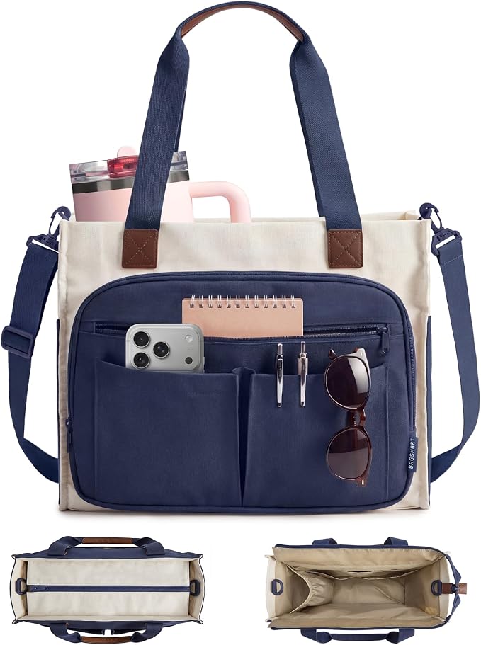 BAGSMART Canvas Tote Bag for Women, Small Work Tote Bag with Zipper | 30oz/40oz Tumble & 11 Pockets Travel Tote, Teachers/Nurses, Lightweight Canvas or Water-Resistant Puffer Taslon Crossbody Bag by BAGSMART