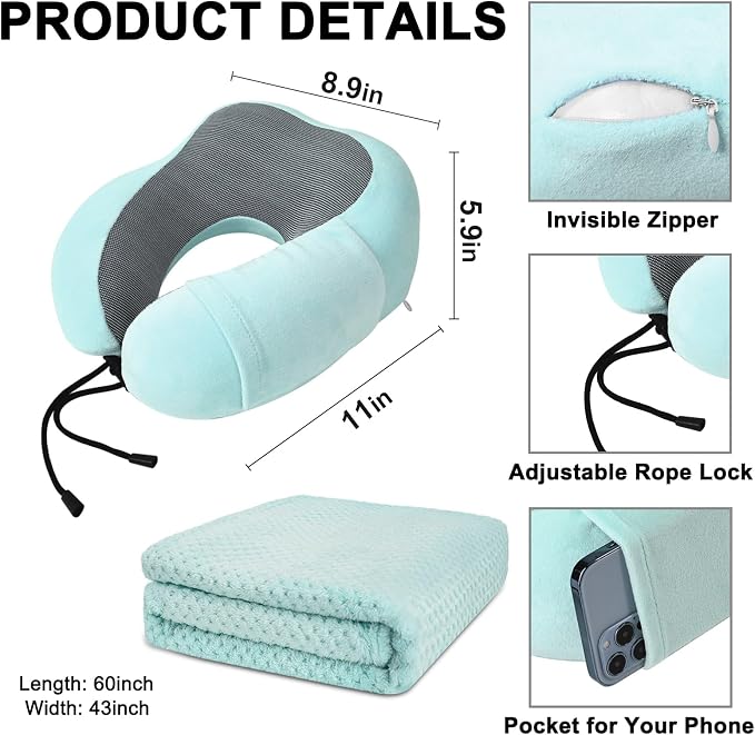 urnexttour Travel Pillow and Blanket Set Neck Pillow Airplane Foam Mint | 43x60 Inch Plane Blanket, Traveling Compact Storage Bag, Eye Mask, and Earplugs for Ultimate Flight Comfort, Women and Men - Image 4