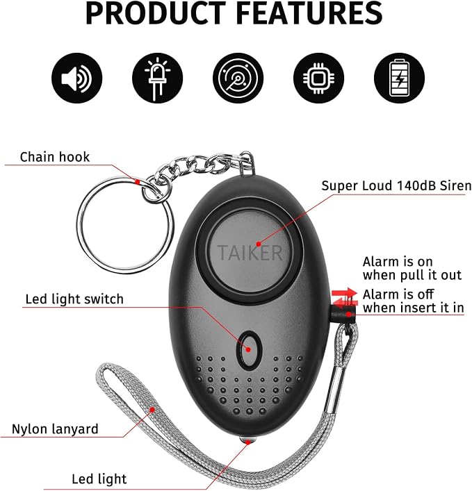Personal Alarm for Women, 5Pcs 140dB Self Defense Keychain LED Light | Personal Safety Alarm with LED Light Panic Button for Women Kids and Elders (Black, Silver, Purple, Gold, Blue) - Image 4