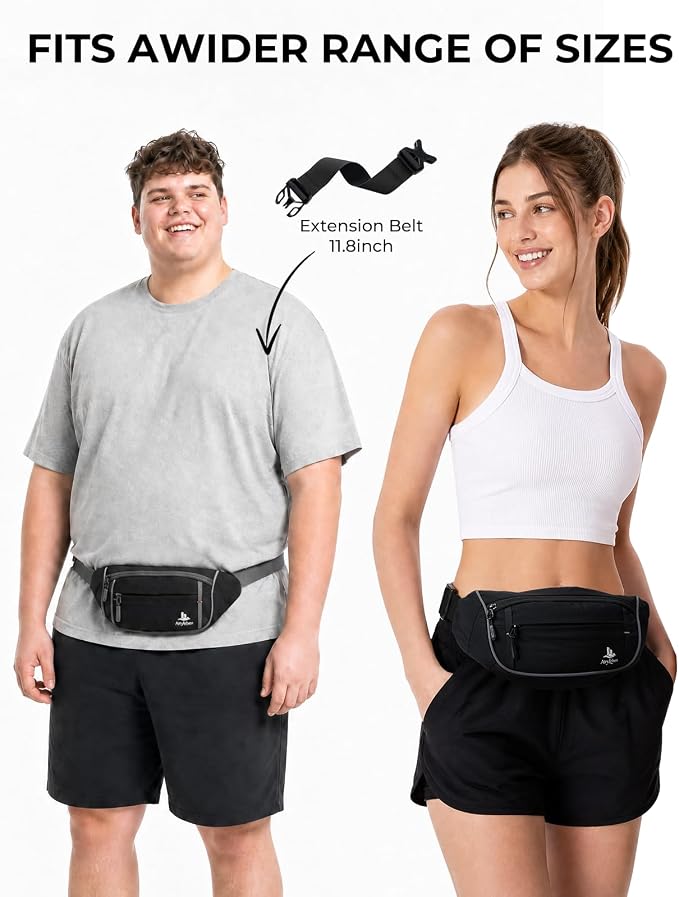 2.5L Fanny Pack for Women Men, RFID Blocking Crossbody Belt Bag, Black | Lightweight Water-Resistant Fabric, Adjustable Belt, Breathable Back Padding, Waist Bag for Running Hiking Dog Walking - Image 2