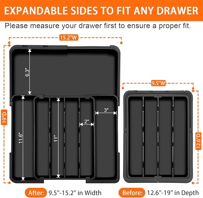 Silverware Organizer - Expandable Kitchen Drawer Organizer, Utensil Drawer Organizer, Adjustable Plastic Flatware and Cutlery Holder, Kitchen Organizers Storage for Forks Knives, Black - Image 2