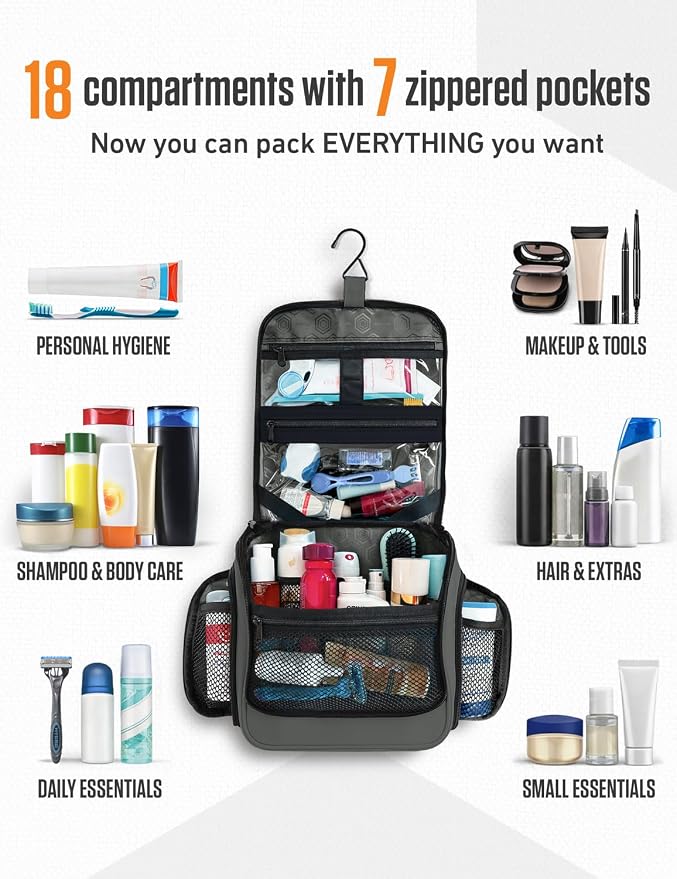VENTURE 4TH Hanging Travel Toiletry Bag, 18 Compartments - Shadow Gray | Hangs on rails, hooks or doors; stands upright. Removable TSA pouch. Water-resistant Nylon 290D Twill, reinforced stitching. - Image 3