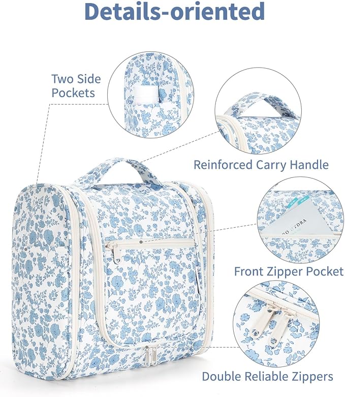 Narwey Large Hanging Toiletry Bag for Women Travel Makeup Bag Make up Organizer Toiletries Bag for Cosmetics Essentials Accessories (Large, Blue Flower) - Image 5