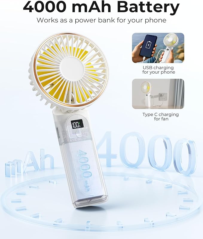 TUNISE Portable Handheld Fan, Portable Fan Rechargeable, 4000mAh, 180° Adjustable, 6 Speed Wind, Display Electricity in Real Time, USB Rechargeable Foldable F an, Quiet Personal Fan with Power Bank - Image 4