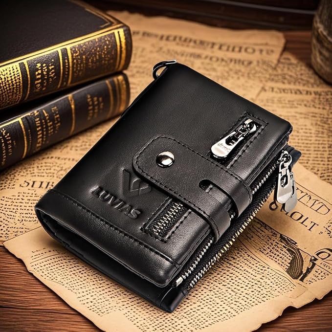 Anti-Theft Mens Wallet with Chain Genuine Leather ID Window Purse with RFID Blocking Bifold Double Zipper Coin Pocket with Gift Box - Image 8