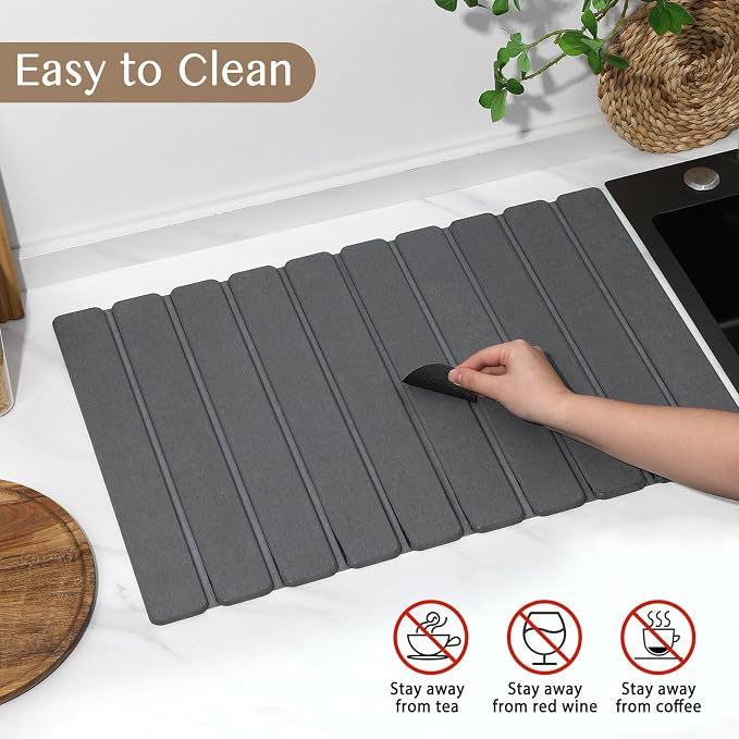 Large Stone Dish Drying Mat for Kitchen Counter, Thin & Light Quick Dry Stone Bath Mat, Foldable Water Absorbing Diatomite Drying Pad for Kitchen Bathroom Sink Countertop (Pure Gray 24"×16" & 8"x4") - Image 6