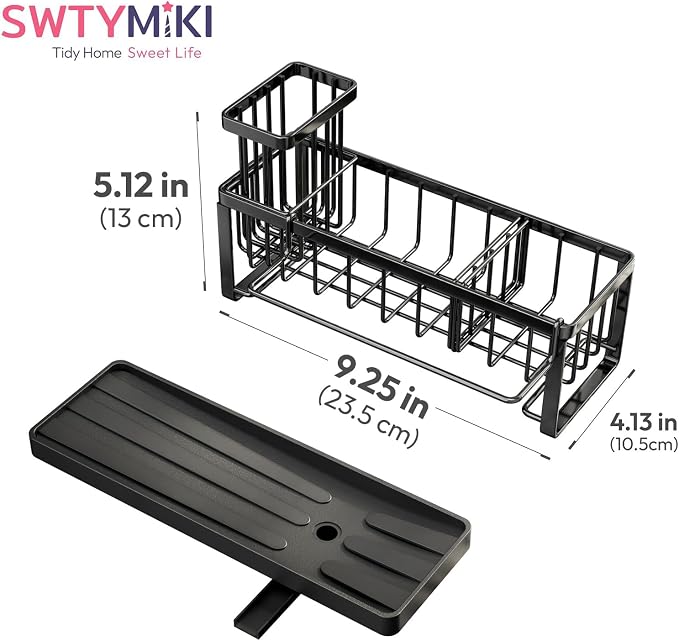 SWTYMIKI Sponge Holder for Kitchen Sink - Sink Caddy with Brush Holder Self-draining Sponge Caddy Organizer with Divider Stainless Steel Kitchen Accessories Storage for Countertop, Black - Image 8