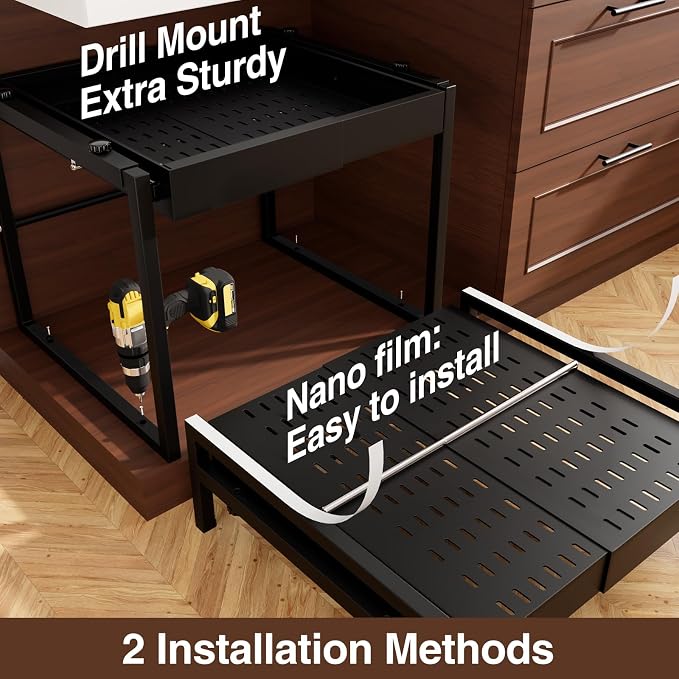 2-Tier Expandable Pull Out Cabinet Organizer, Heavy Duty Adjustable Width Metal Slide Out Shelf, No Screw Cabinet Storage Rack for Kitchen Bathroom 17in Depth Cabinet（Black） - Image 6