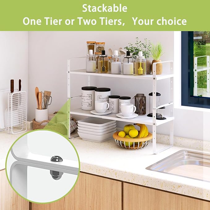 Across-Star Expandable Cabinet Shelf Organizer Rack, Stackable Kitchen Counter Storage Shelves Stand, Adjustable Height Pantry Shelf Spice Rack - Image 2