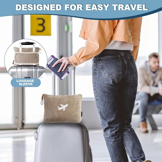 Travel Blanket Airplane Compact with Bag, Travel Essentials 3 in 1 Packable Airplane Blanket, Travel Pillow and Blanket Set, Inflatable Pillow, Luggage Sleeve & Backpack Clip (Camel) - Image 4