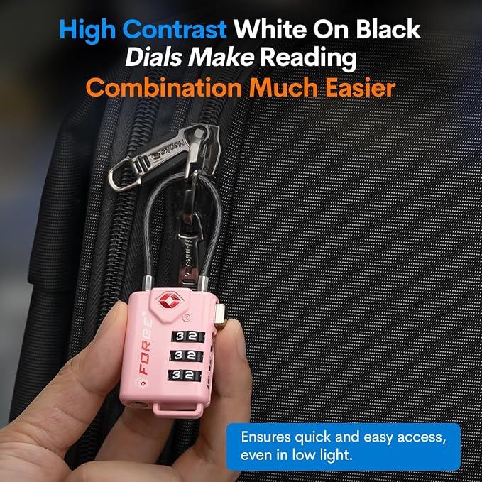 Forge TSA Approved Cable Luggage Locks, 2 Pink Locks, Re-settable Combination with Alloy Body - Image 8