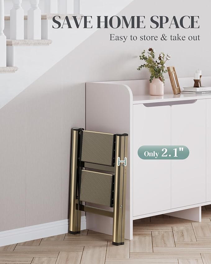 2 Step Ladder, Foldable Aluminum Step Stool with Anti-Slip Pedal | Lightweight yet Sturdy, Portable, Non Slip Feet, 300Lbs Capacity, Elegant Look, for Kitchen, Closet, Pantry, Champagne Gold - Image 7